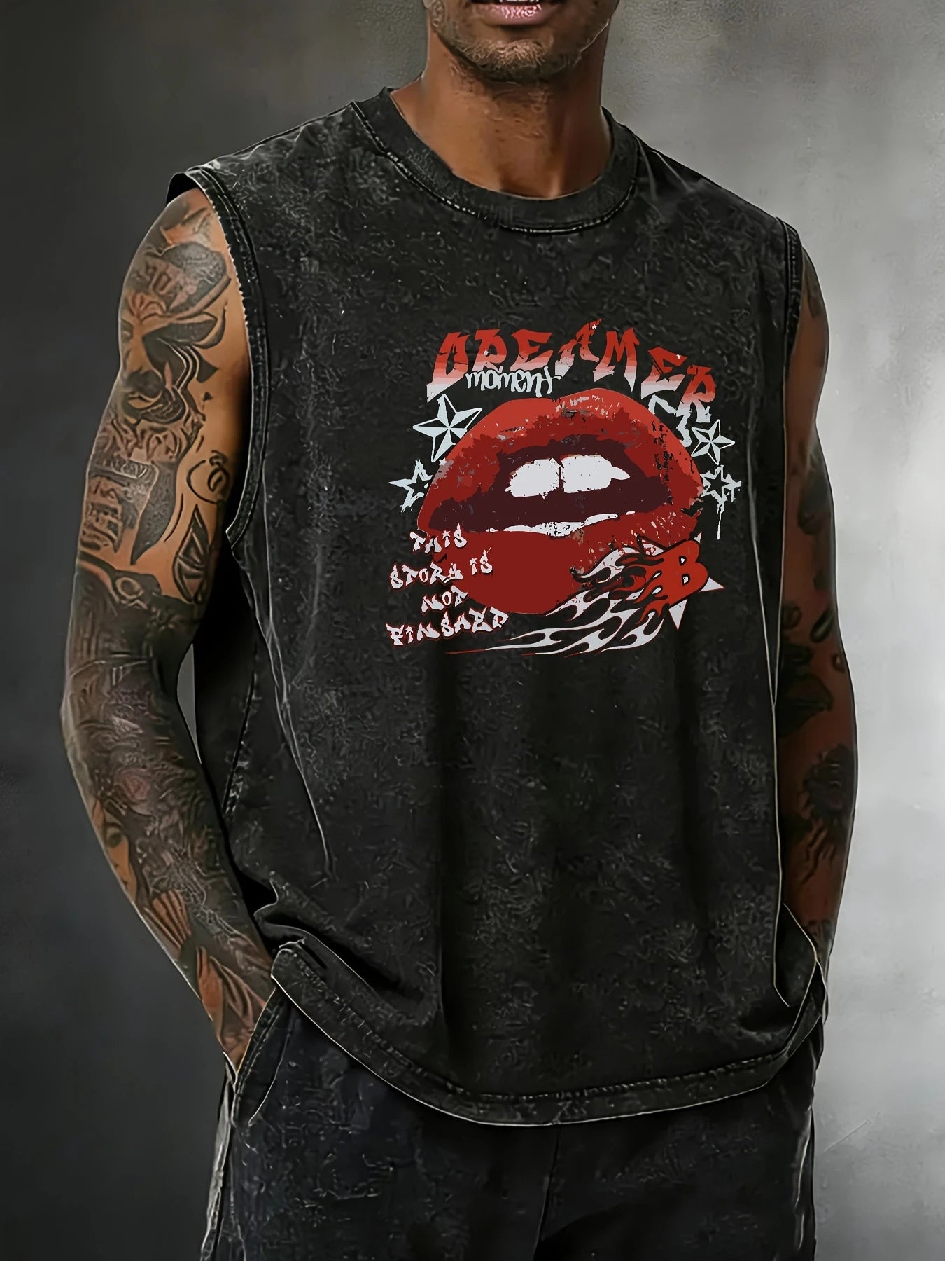 Flame red lip print men's plus size heavyweight retro washed sleeveless vest - loose street style printed top