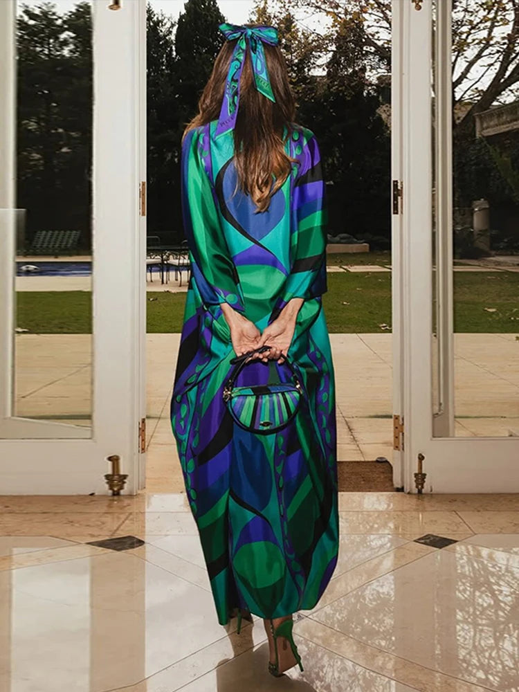 Casual Vacation Long Puff Sleeve V-neck Beach Dresses Fashion Printed Oversize Maxi Dress Women Lady Summer Bohemia Party Robes