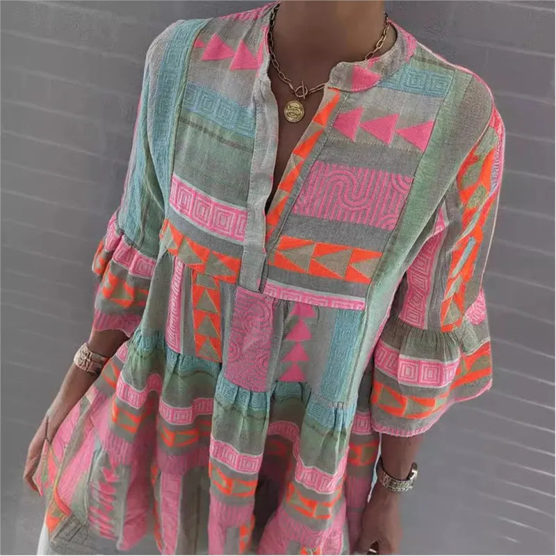 Women's Cotton and Linen Mini Dress Casual Loose Print V-neck Seven Quarter Sleeve Dresses For Women