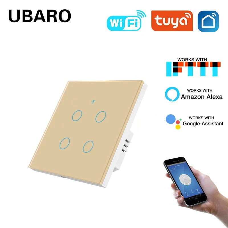 UBARO 86×86mm 1/2/3/4 Gang WiFi Smart Touch Switch, Tuya App/Voice Control, Timer, 2-Way/1-Way, Neutral Required