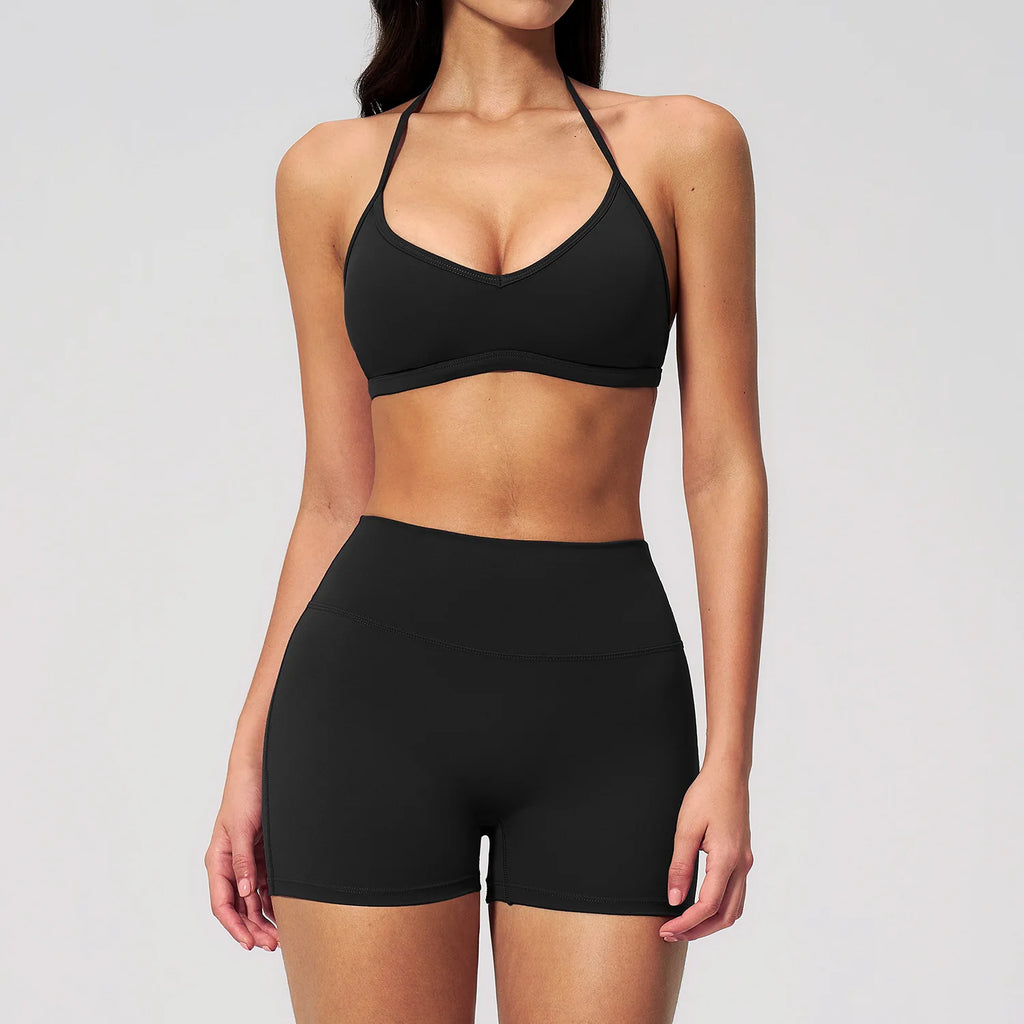 2 Pieces Yoga Set Women Tracksuit Backless Halter Tops High Waist Shorts Gym Suits Fitness Sportswear Workout Sets Athletic Wear