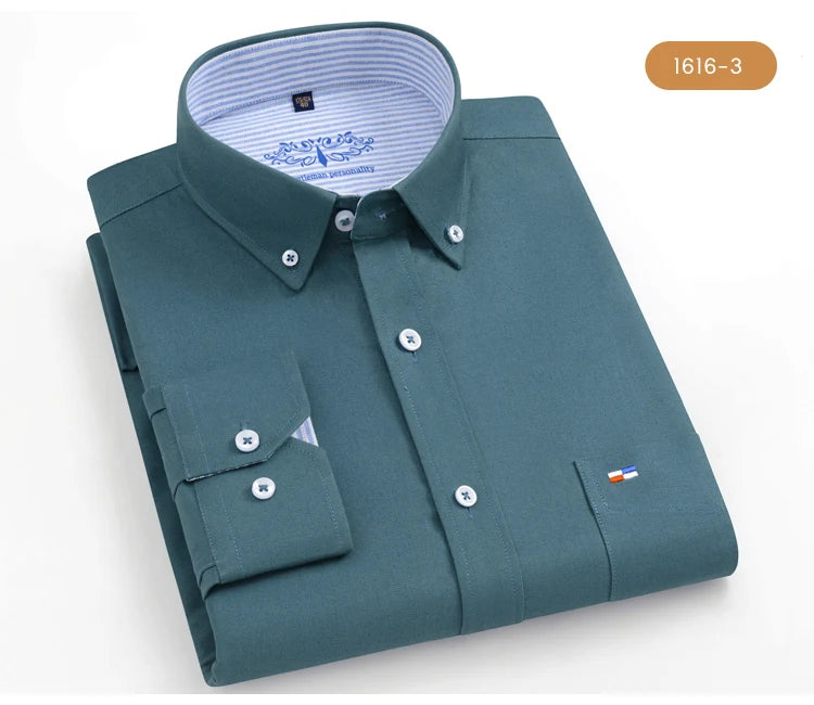 Men's 100% Cotton Breathable Oxford Fabric Dress Shirt, Plaid Striped Casual Long Sleeve, Button-Up with Collar and Chest Pocket