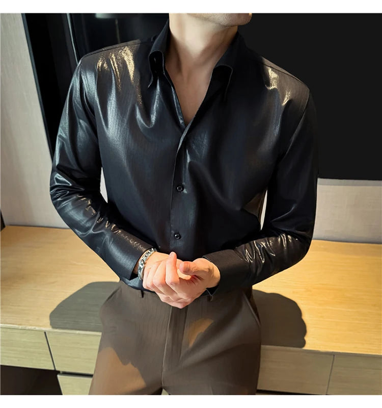 Men's 2026 Spring Luxury Lyocell Cotton Shirt, Leather-Like Texture Jacquard V-Neck, Long Sleeve Business Casual Top