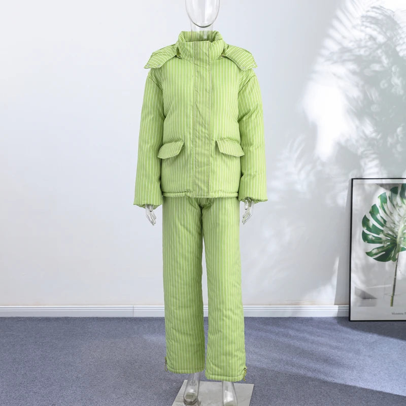 Street Striped Women's Cotton Coat Trouser Suits Hooded Zippers  Autumn Winter Thicken Lady Set 2026 Chic Female Outfits