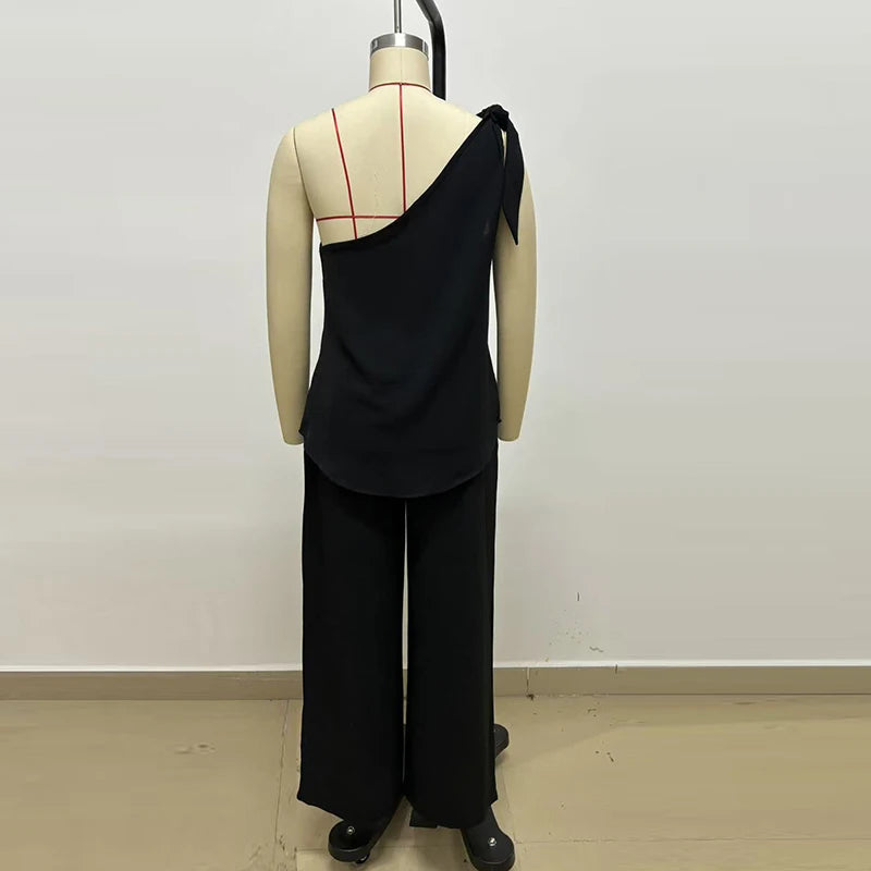 Elegant Lace Up Sleeveless T Shirts Vest High Waist Loose Pants Suit Women Casual Two Piece Set Fashion Holiday Outfits