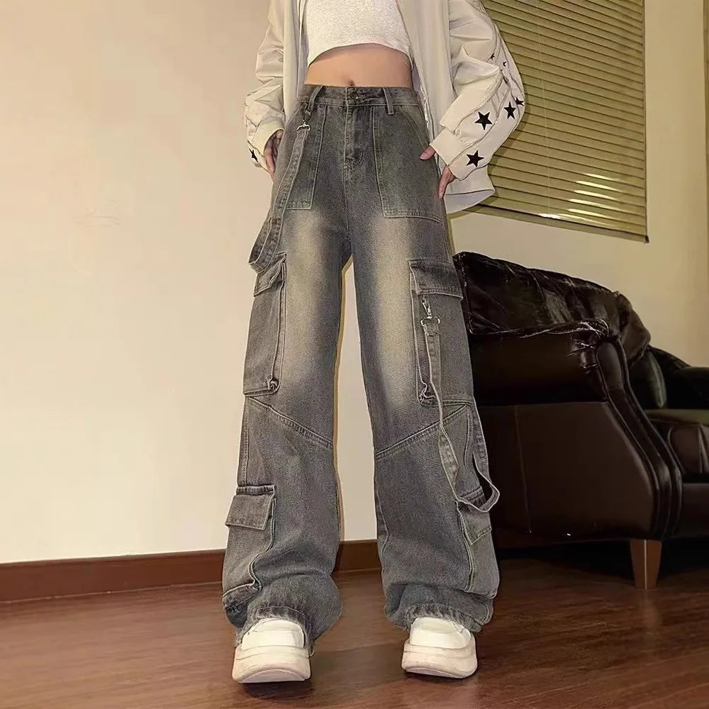 American Vintage Washed Multi-Pocket Cargo Jeans for Women High Waist Streetwear Loose Wide Leg Trendy Designer Denim Trousers