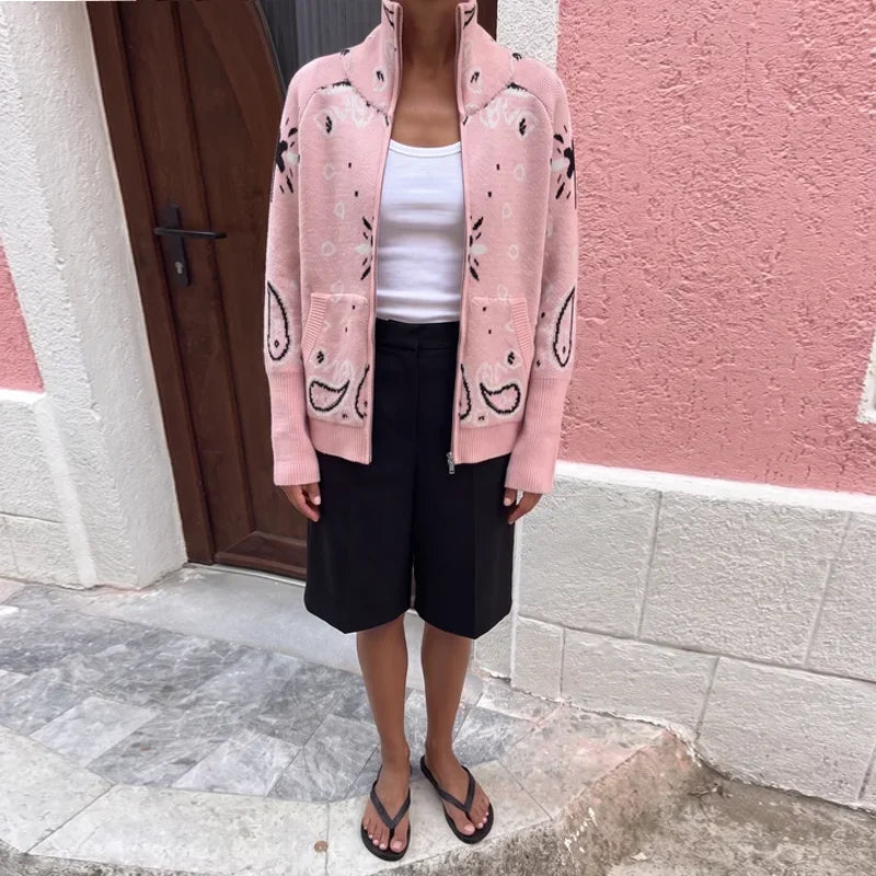 Elegant Knitted Print Women's Cardigan Loose Full Sleeve Stand Collar Zipper Sweaters Female 2026 Autumn Outwear Pockets Lady
