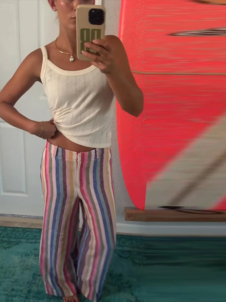 Women's Pants Bohemian Colorful Striped Panelled Wide Leg Trousers Fashion Lady High Waist Multi-color Slim Partywear Streetwear