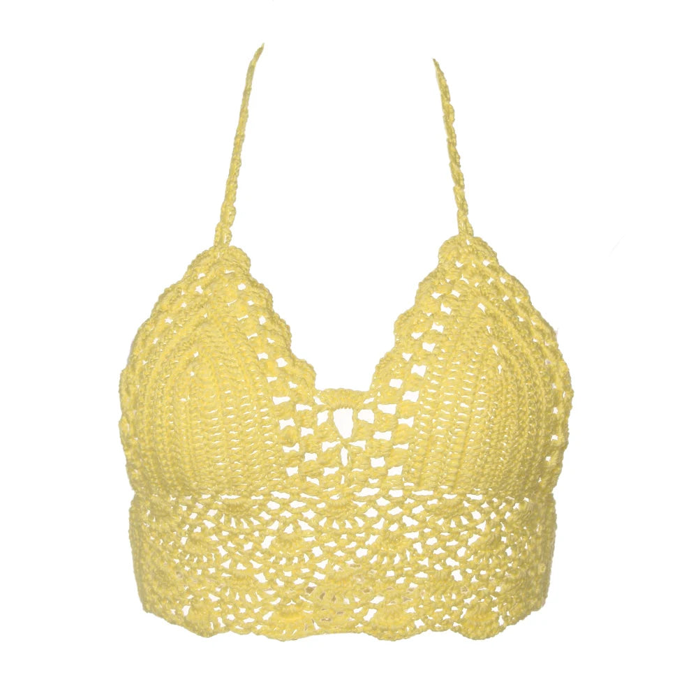 Women Summer Sexy Bikini Crochet Crop Top Boho Beach Camisoles Knit Bralette Bra Halter Neck Vest Holiday Beachwear