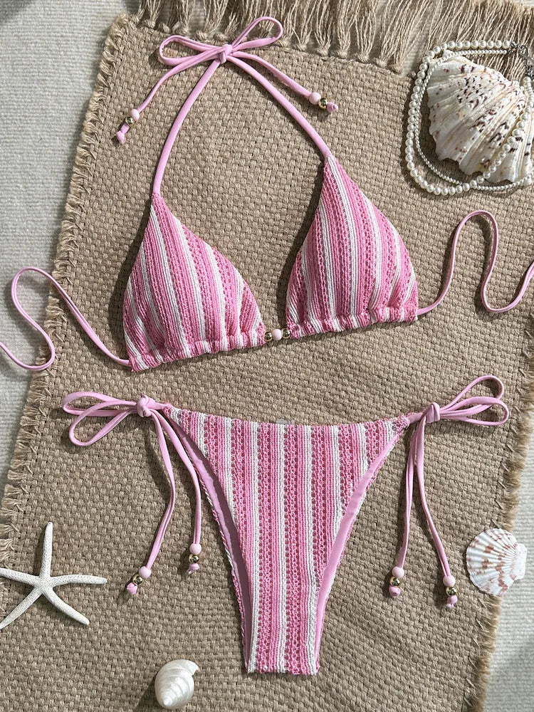 2026 Summer Women's Striped Knitted Solid Color Bikini Set Sexy Fashion Beach Vacation Bandage Swimsuit