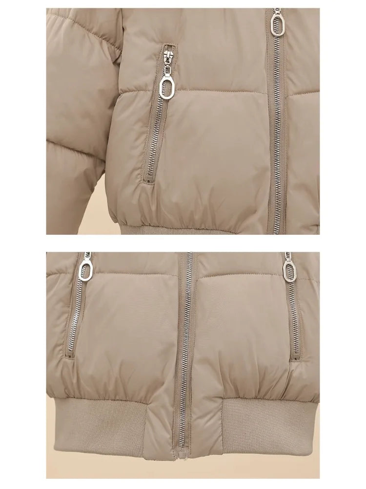 Korean Style Cropped Slim Fit Puffer Parka Women Detachable Faux Fur Trim Hood Thick Warm Zip Pockets Winter Casual Outfit 2026