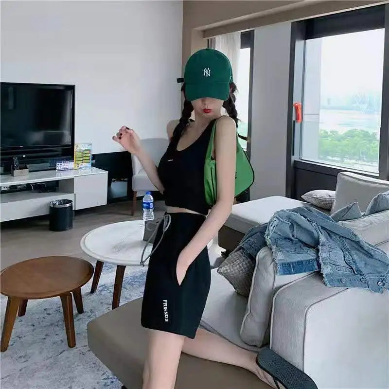 Women's Short Set Summer New Solid Sportswear Tank + Shorts Two Piece Womens Outifits Casual Sport Sets Woman