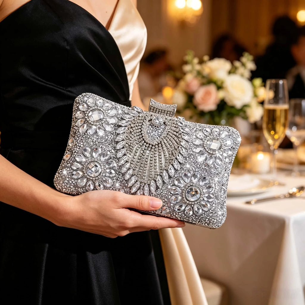 Peacock Full Diamond Silver Evening Clutch Bag with Detachable Chain, Shiny Dress Bag for Wedding Party