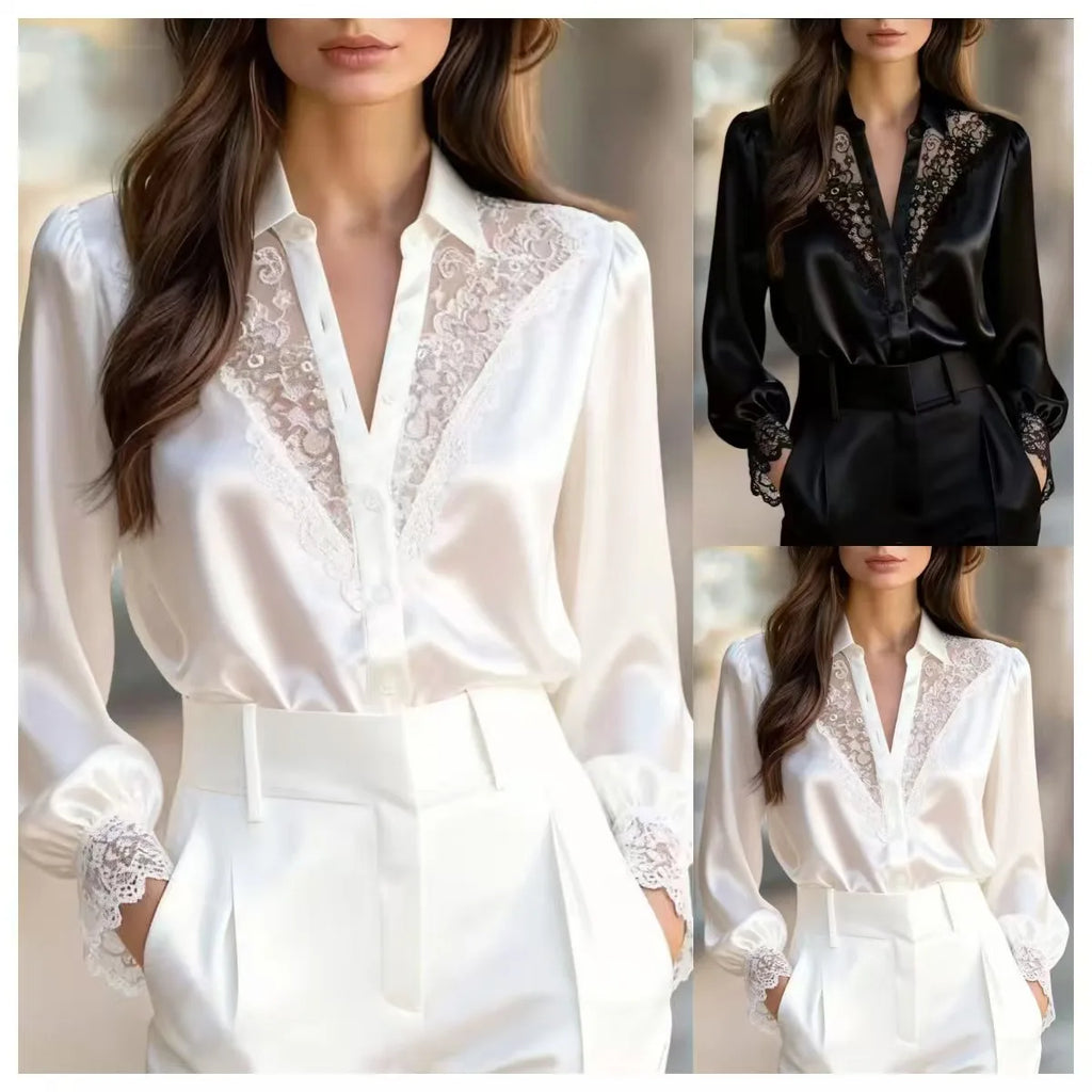 Elegant Style Long Sleeve Lace Patchwork Blouse Women's Commute V-Neck Shirt Polyester Fiber Printed Casual Top