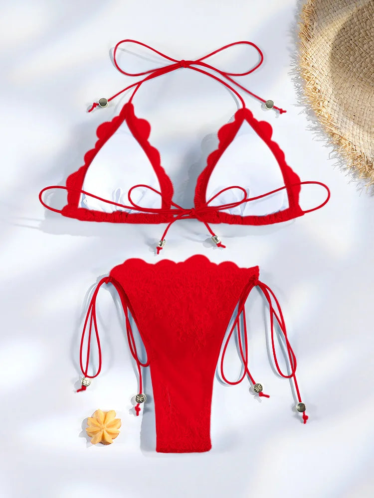 Miyouj Bandage Bikini Sets Triangle Bathsuits Low Waist Bathwear Solid Color Swimwear Women's Swimsuits High Cut Two-Piece Sets