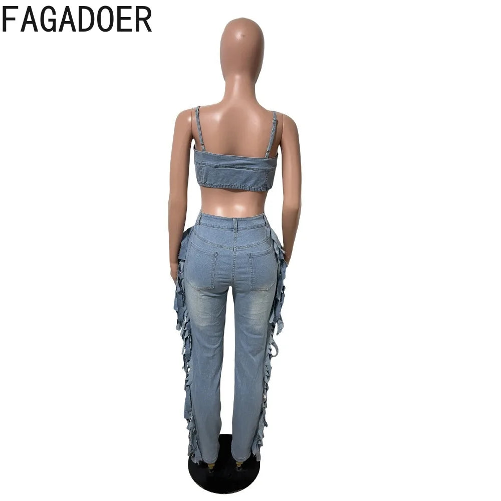FAGADOER Fashion Fringed Bodycon Denim Jumpsuits Women Sexy Spaghetti Strap Hollow Out Zipper Pocket Patchwork Romper Streetwear
