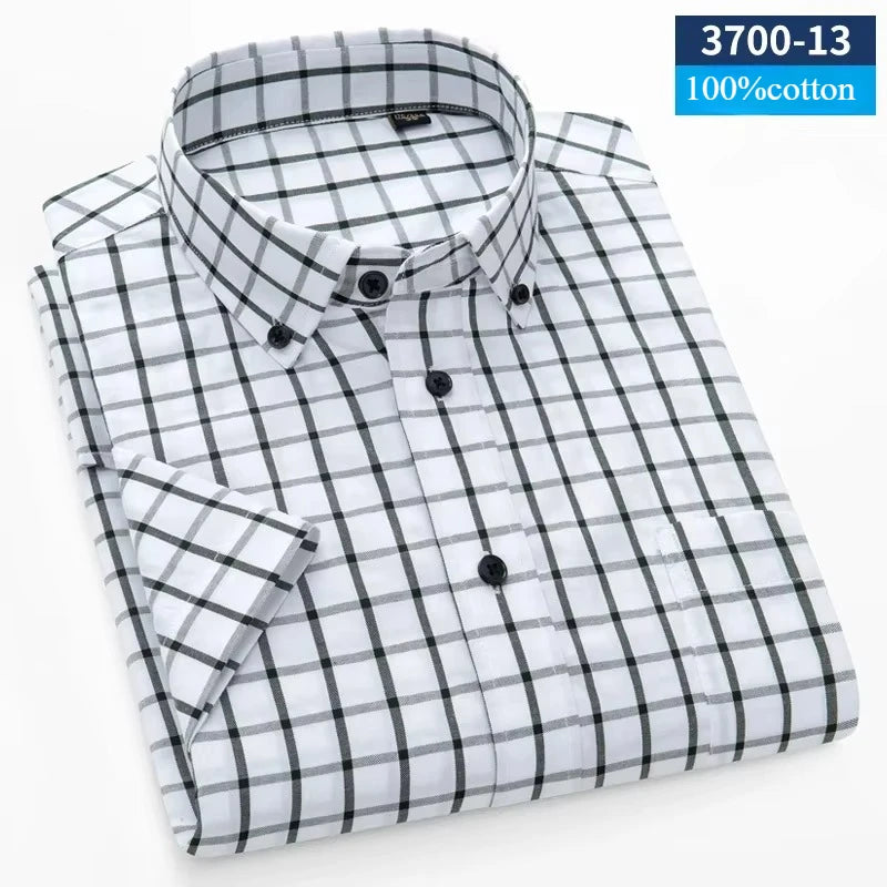 New In Shirt Summer 100%Cotton Short Sleeve Shirts for Men Slim Fit Formal Plain Shirt Designer Plaid Korean Popular Clothes