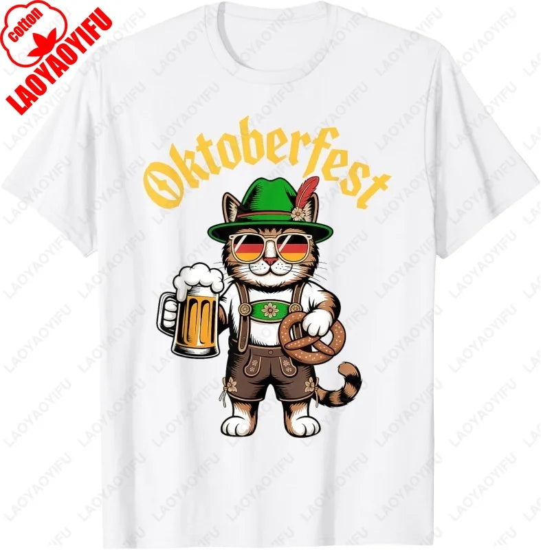 Funny Oktoberfest Cute Cat Pretzel Beer Funny Party Adults T-Shirt Fashion Y2k Streetwear Men Woman High Quality Cotton Tees