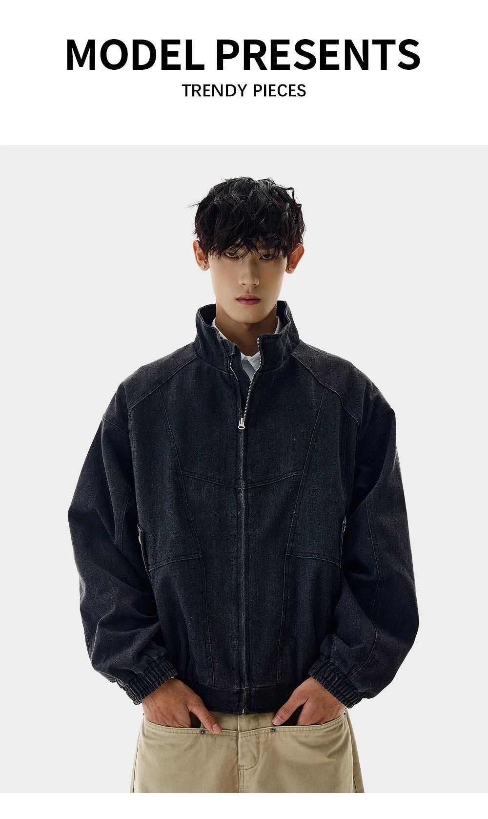Spliced Denim Jacket Mens Washed Distressed Retro Casual Loose Long Sleeve Stand Collar Pocket Outerwear Man