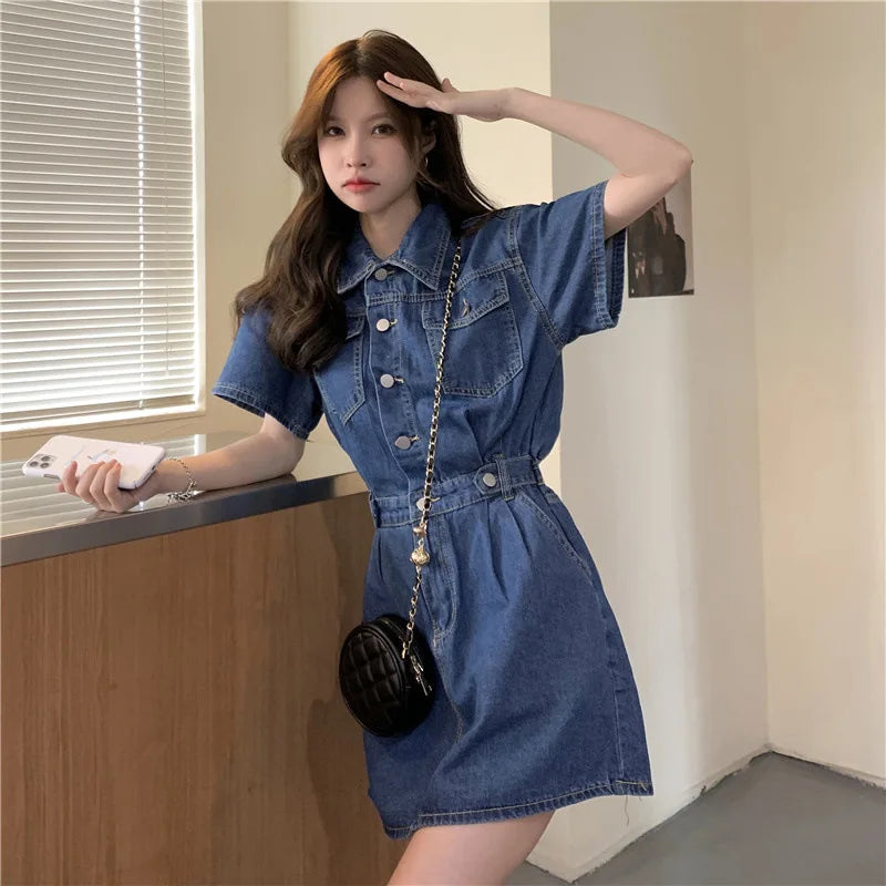 Women Vintage Denim Shirt Dress High Waist A-line Jean Mini Dress for Ladies Retro Y2K Streetwear Dresses for Women Party Outfit