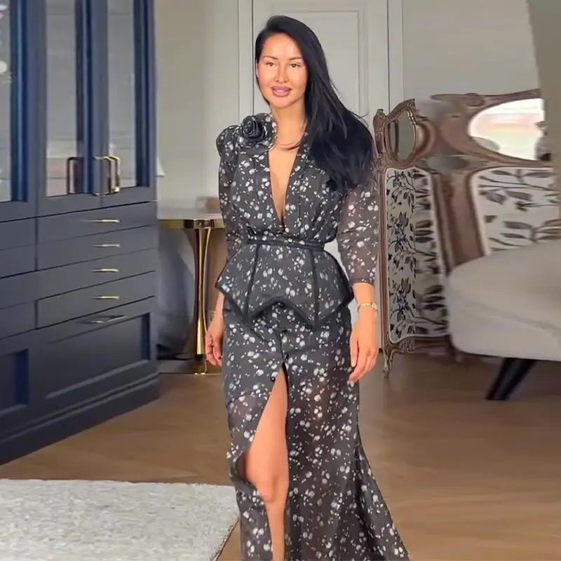 Elegant Printed Women's Dress V-neck Front Split Waist-closed Sashes Wrist Sleeve Gauze Dresses 2026 Summer Chic Female Robe