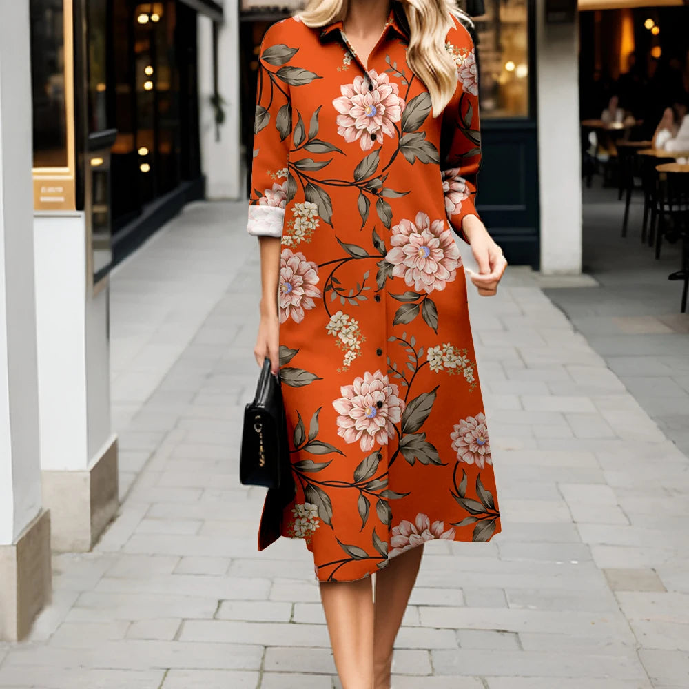 2025 New Women's Shirt Dress Fashion Floral Printing Long Sleeve Lapel Button Dress Casual Loose Streetwear Cardigan Dresses