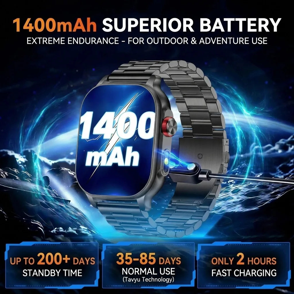 New1400mAh Military Grade Smart Watch 600 hours Battery Life 5ATM Waterproof BT Call Alert LED Flashlight 100+Sports Watches Men
