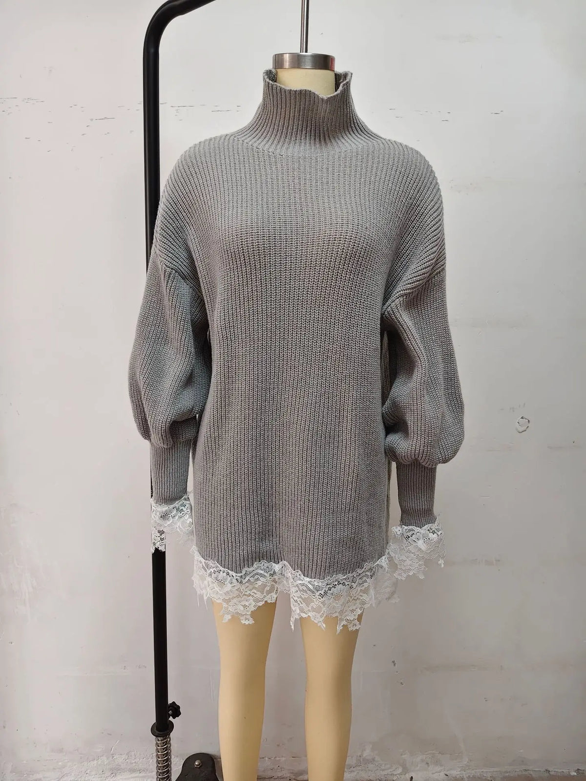 Wome Knitting Dress 2026 New Ladies Loose Fit Turtleneck Knitted Dress Autumn Lace Spliced Long Sleeve Sweater Midi Warm Dress