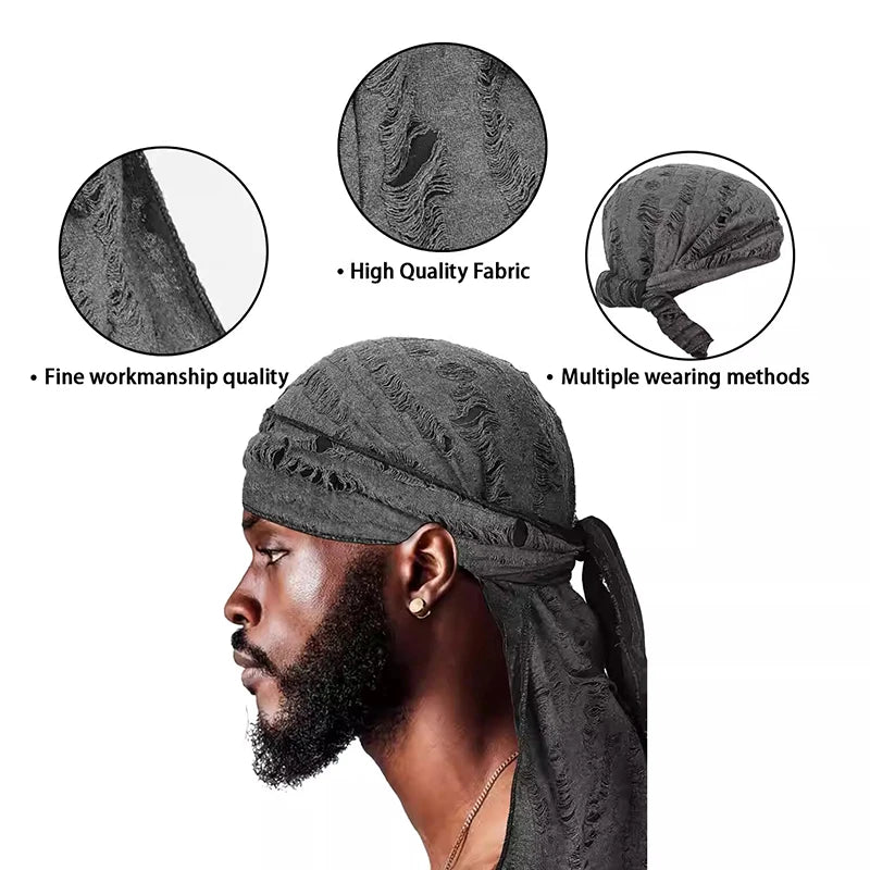 New Punk Style Cotton Durag Headband Elastic Knit Fabric Long Tail Pirate Cap for Men Cycling Head Scarf