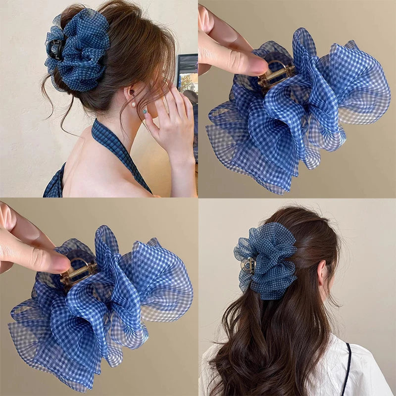 Plaid Blue Seersucker Hair Clip for Woman Elegant Temperament Shark Clip Fashion Girl Back of The Head Ponytail Clip Hair Clamp