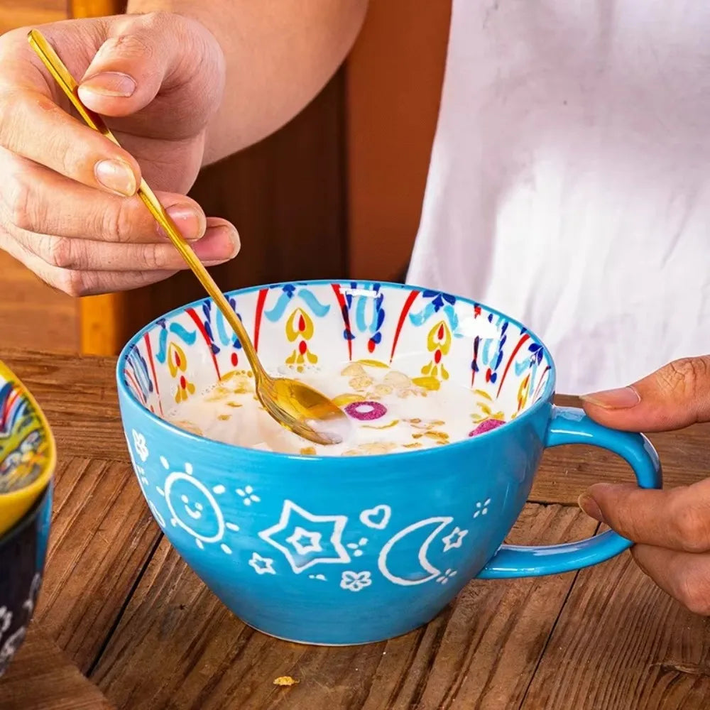 Creative Ceramic Bohemian Breakfast Cup Retro Flower Pattern Coffee Mug Microwaveable Large Capacity Milk Cup Friend Gift