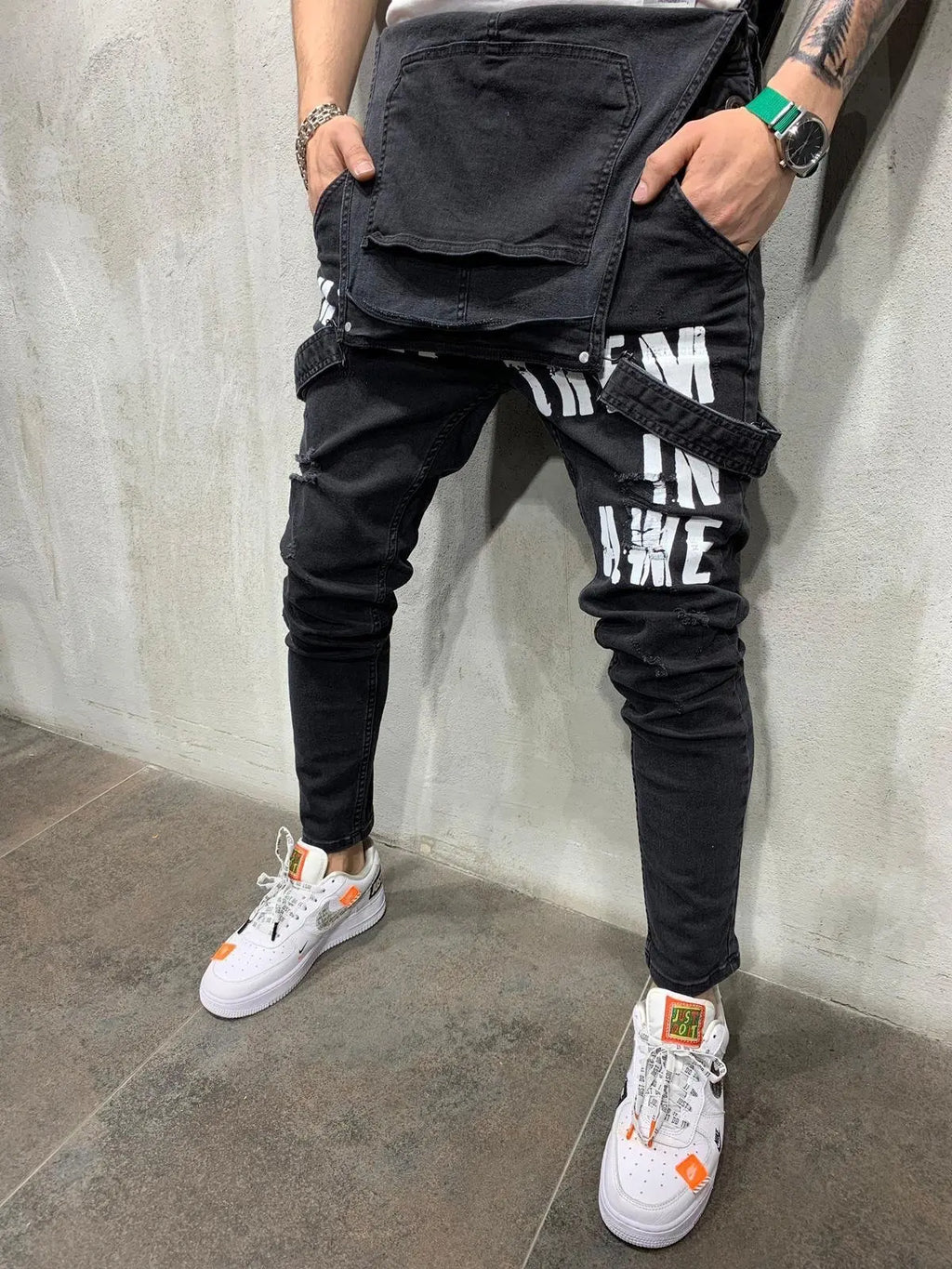 Men Suspenders Denim Jumpsuit Letters Denim Trousers Fashion Overalls Men's Ripped Denim Printed Jeans Men Streetwear
