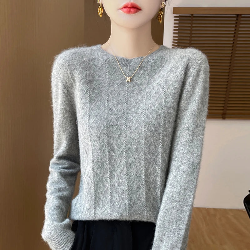 Fall/Winter 2024 New Women's Sweater 100% Pure Wool Lotus Collar Solid Color Loose Knitted Cashmere Pullover