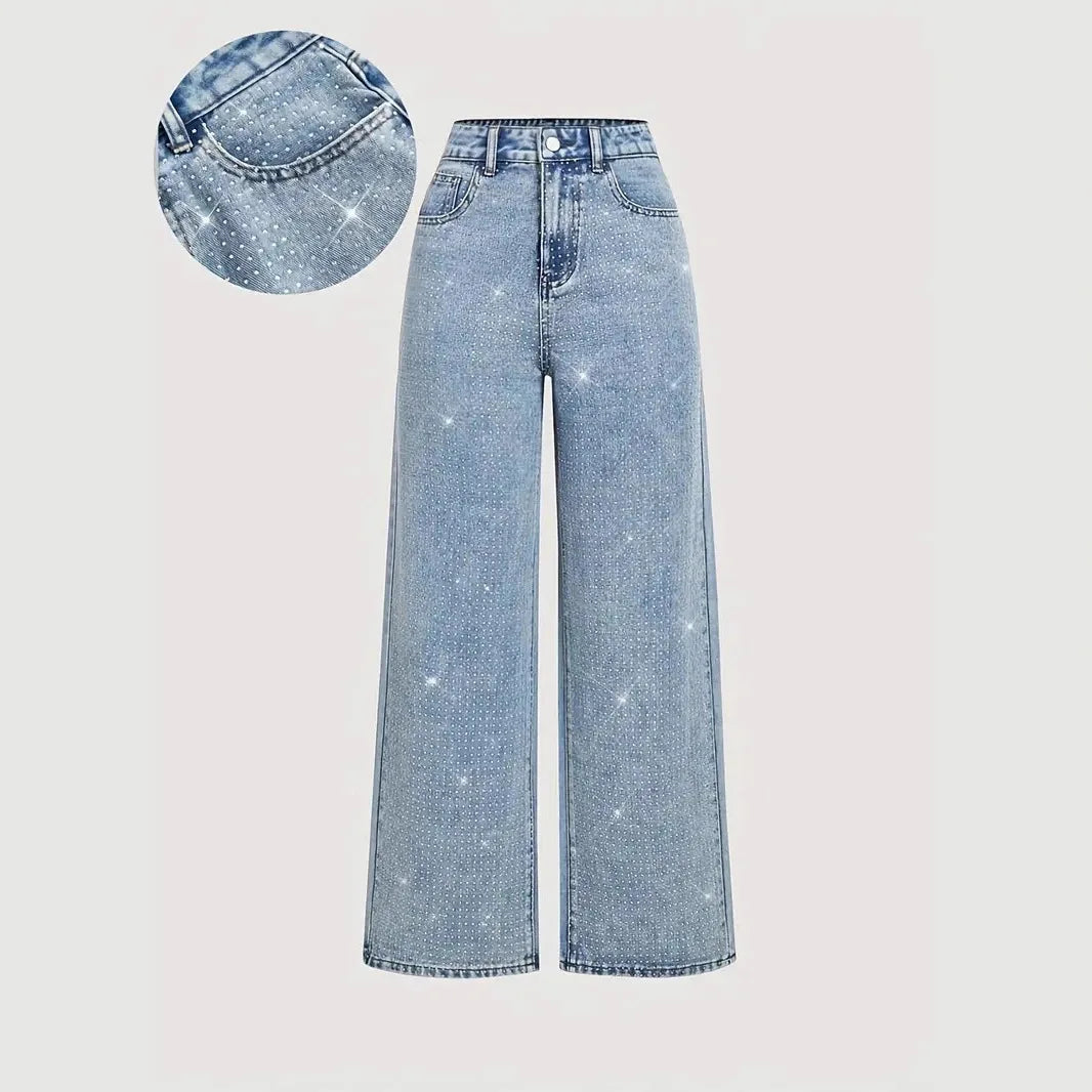 Women Diamonds Spliced Jeans Elegant Casual Midi Waist Denim Pants Solid Pockets Button Pant Washed Slight Strech Autumn Winter