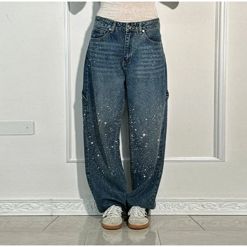 Shiny Rhinestone Baggy Women's Wide Leg Jeans Full Diamond Wide Leg Dragging Denim Pants Vintage Washed Pants Casual Trousers