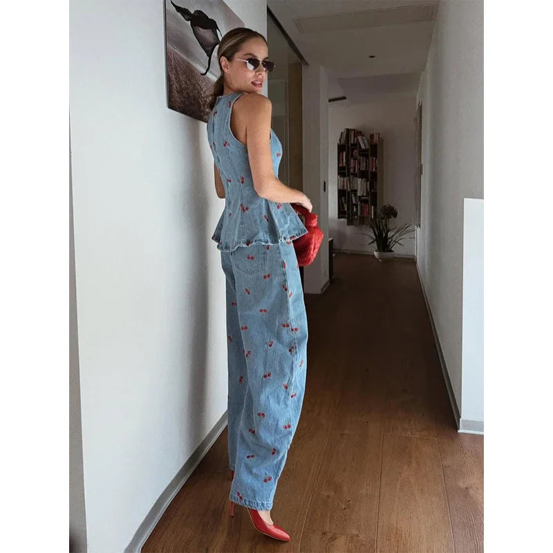 Denim Printed Pants 2 Piece Set Women Elegant Round Neck Sleeveless Vests Slim Long Pant Suits 2026 Lady Daily Street Outfit New