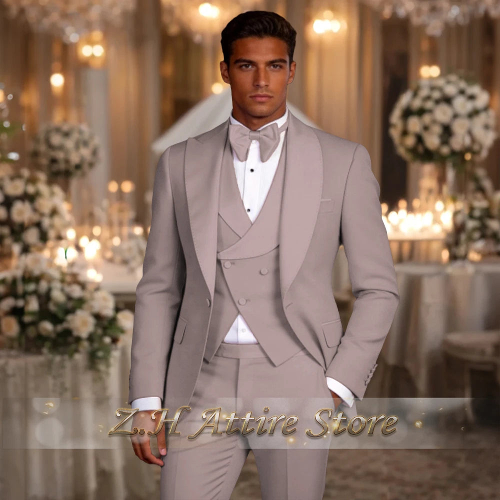 Elegant Pink Men's 3pcs Suit Spliced Satin Lapel Jacket Vest Pants Custom-Made Set for Wedding Groom Cocktail Birthday Party