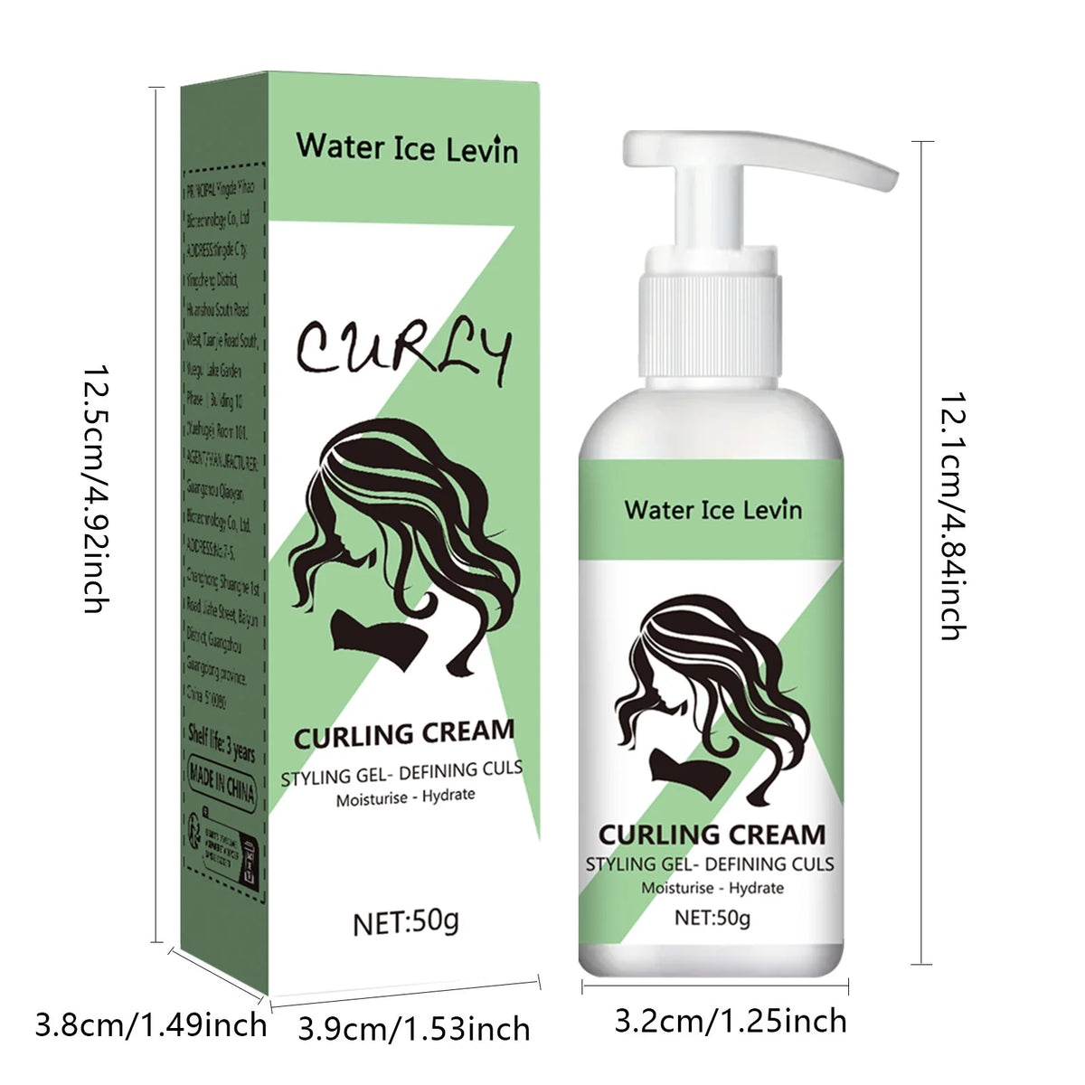 Water Ice Levin Curling Cream Styling Gel Defining Curls Moisturising Hydrate Soft Flexible Feel Curly Hair Care 50g