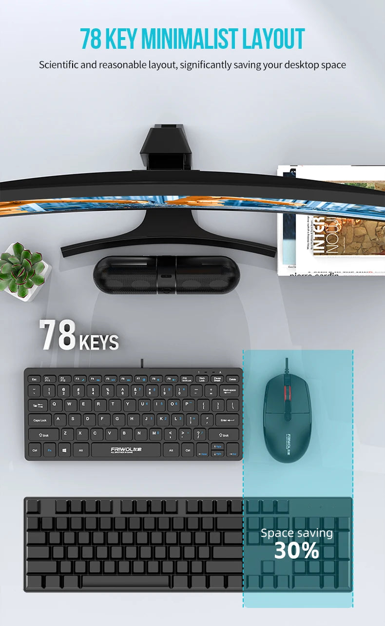 FRIWOL KT-100 Wired  Keyboard Mouse Set 78 Key Mini Portable Keyboard USB Desktop Laptop Office Home Light voice