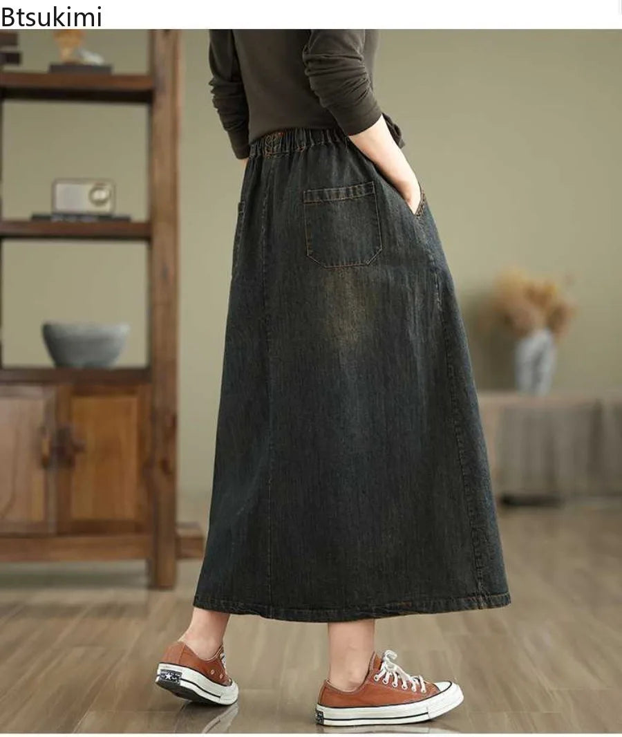 2026 Women's Denim Skirts Retro Cartoon Animal Embroidery Casual Half Skirts Spring Summer High Waist Fashion Loose Midi Skirts