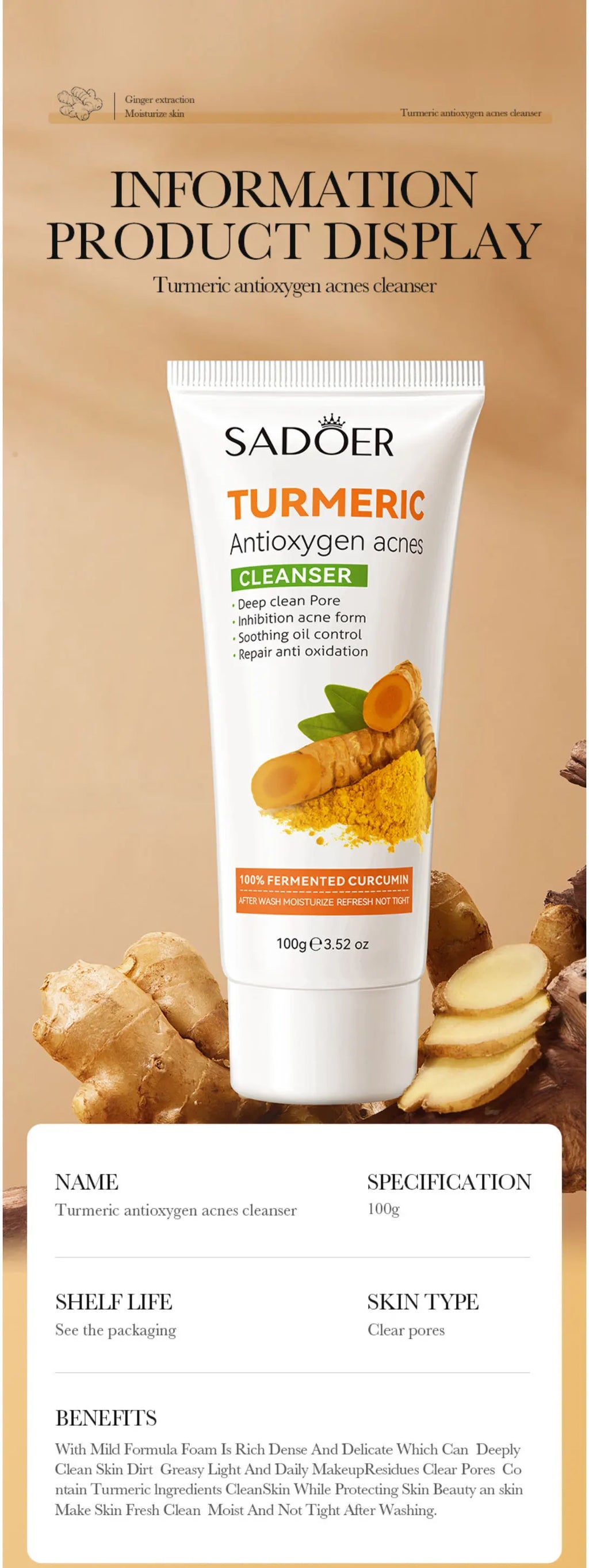 Turmeric Facial Cleanser: Antioxidant, Acne-Removing, Pore-Cleansing, Blackhead-Reducing, Oily Skin-Controlling, And Repairing.