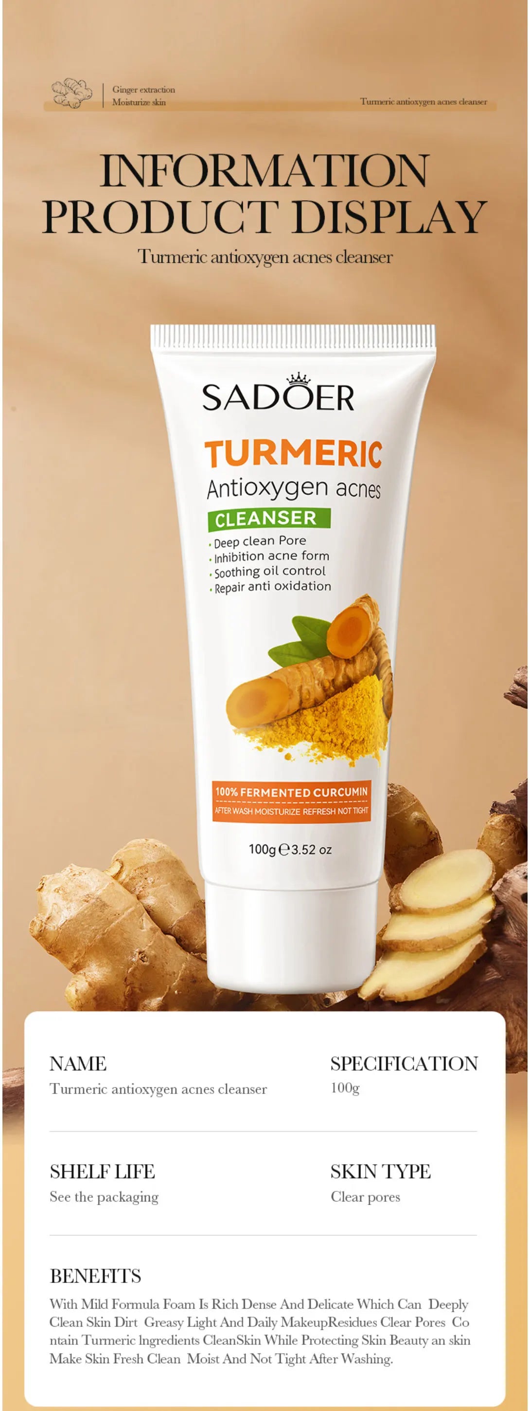 Turmeric Facial Cleanser: Antioxidant, Acne-Removing, Pore-Cleansing, Blackhead-Reducing, Oily Skin-Controlling, And Repairing.
