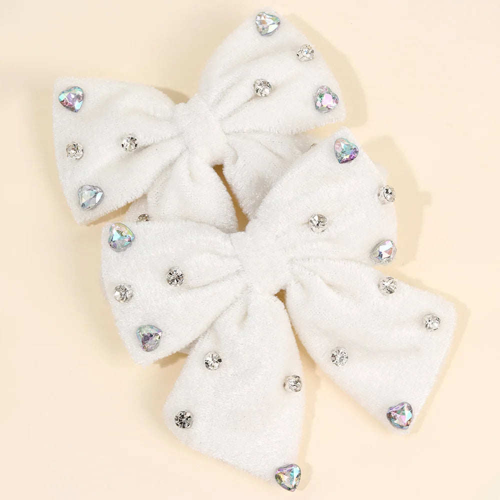 2Pcs Girls Velvet Bow Hair Clips Elegant Heart Shape Rhinestones Hairpins Vintage Burgundy Barrette Fall/Winter Hair Accessories