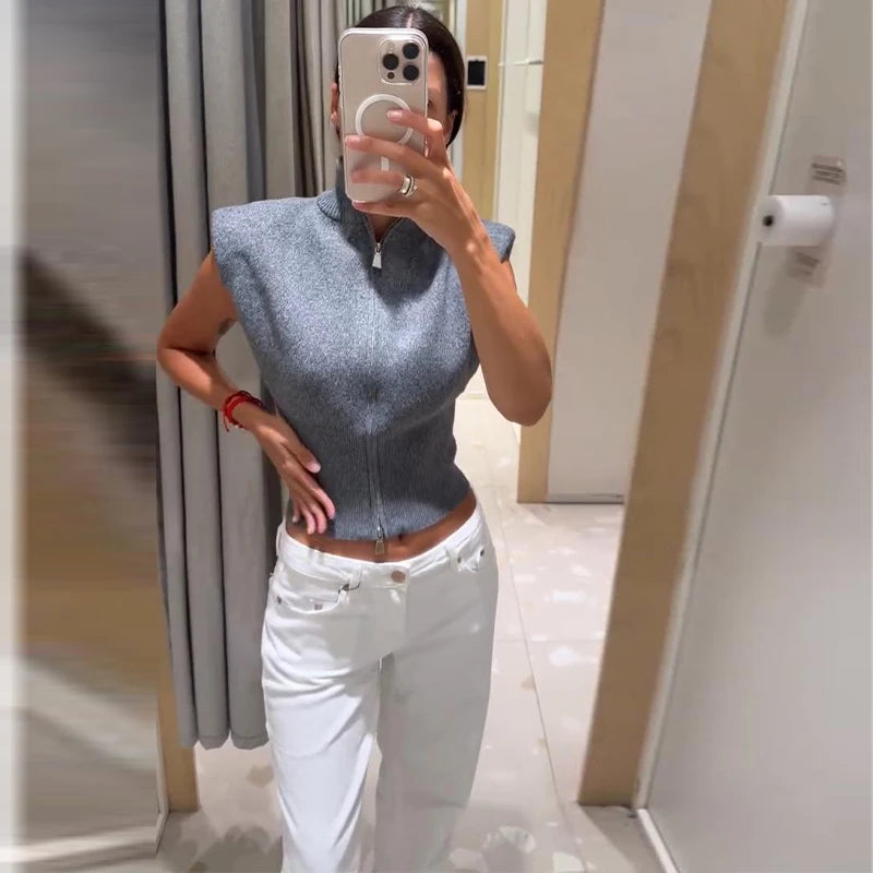 Women's Knitwear Half Turtleneck Double Zipper Knitted Vest Autumn Female Sleeveless Waist Cinching Solid Slim Cardigan New Tops