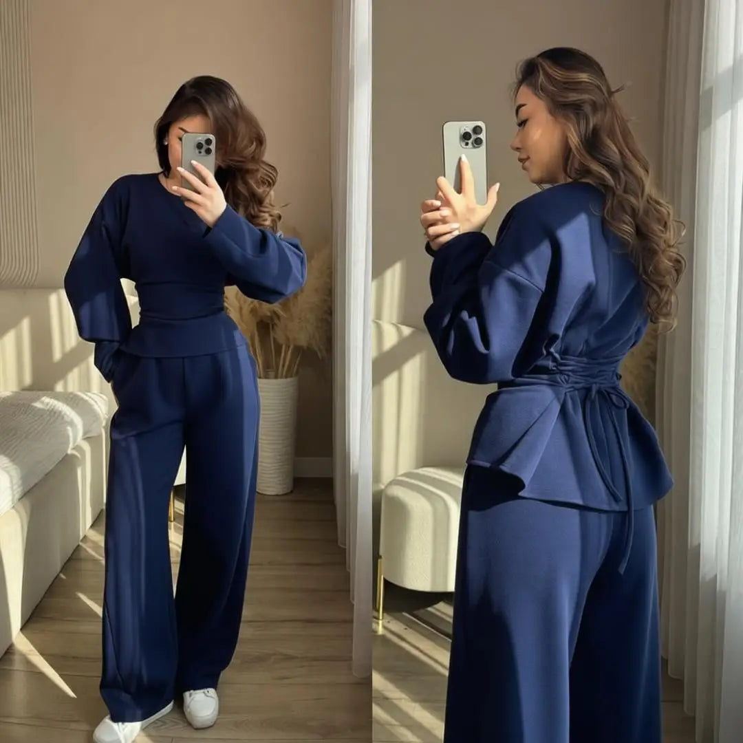 Women's 2 Piece Long Sleeve Top and Wide Leg Pants Set Casual Solid Color Pullover Sweatshirt and Trousers Lounge Wear Outfit