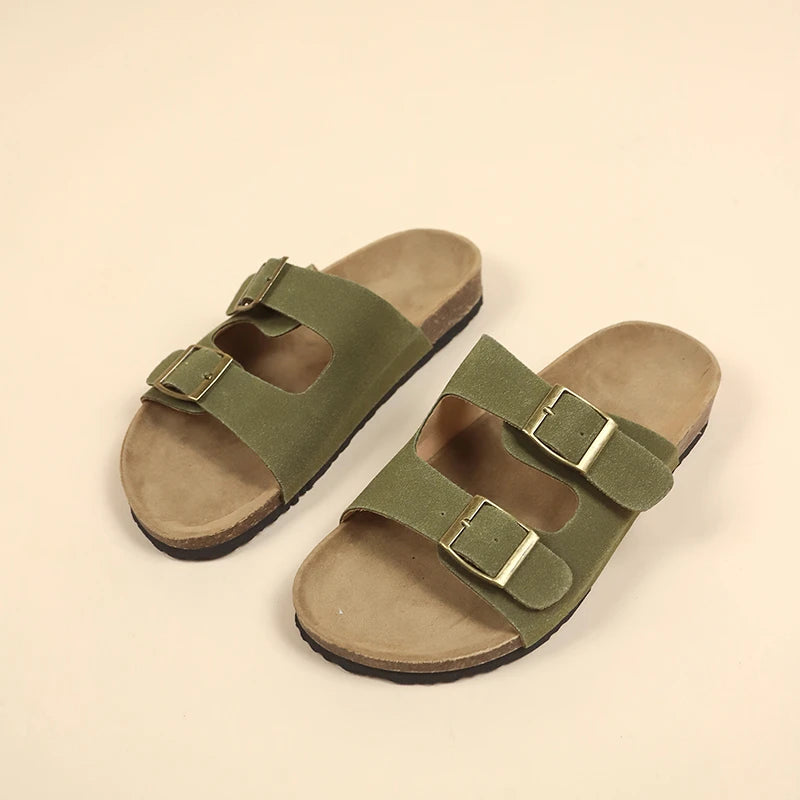 Women's Flat Outdoor Beach Casual Slippers Man Sliders Thick Sole Leather Cork Sole Sandals and Slippers