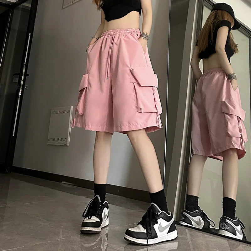 Women Casual Cargo Shorts High Waisted Loose Wide Leg Shorts Large Pockets Fashion Street Hip-hop Breathable Thin Summer Shorts