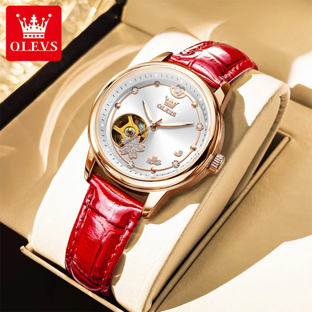 OLEVS 6732 Women's Watches Elegant Rose Gold Stainless Steel Hollowed Diamond Dial Automatic Mechancial Watch Gift Box for Women