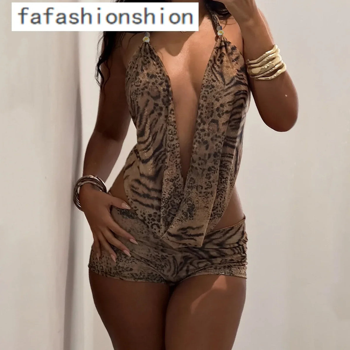 Leopard Sexy Deep V-neck Print 2 Piece Set Outfit Halter Backless Crop Top & Low-Rise Shorts Sexy 2pcs 2026
