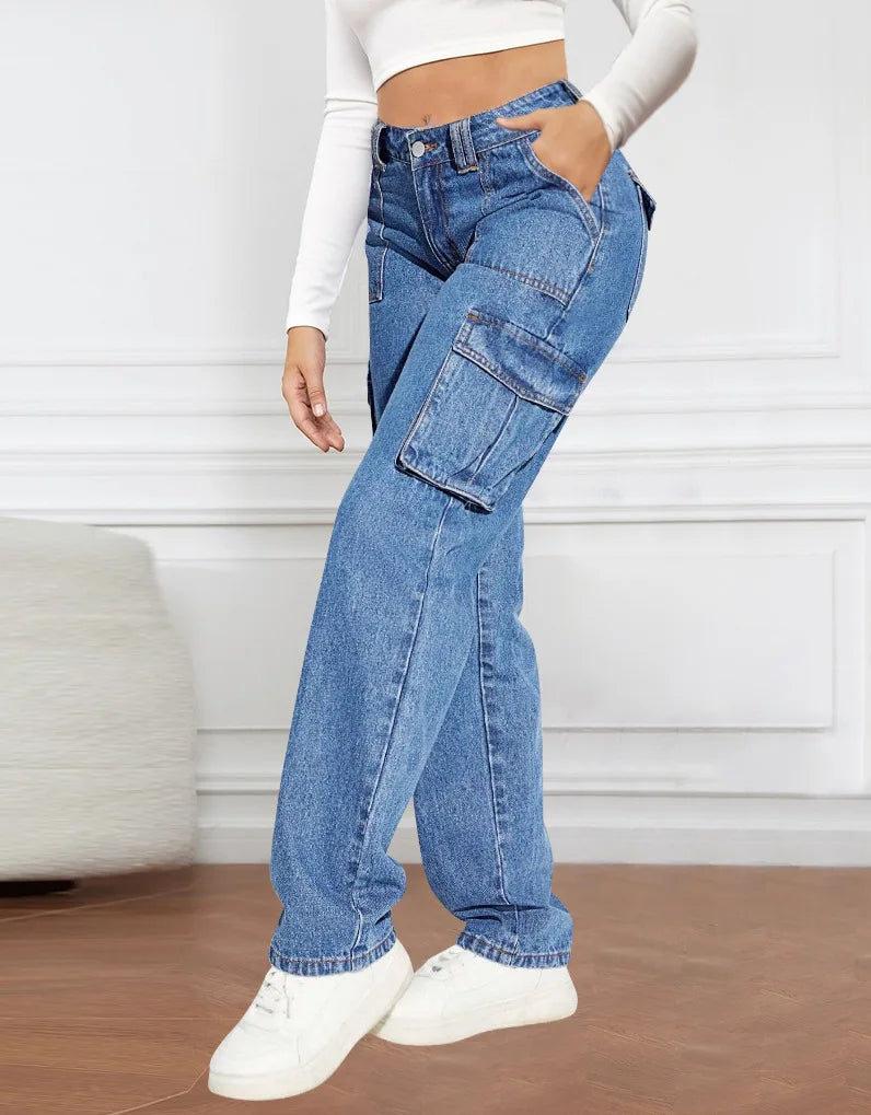 American Retro Mid-waist Multi-pocket Cargo Pants Jeans, Women's Casual Loose Straight Long Pants, Patchwork Jeans,Spring Autumn